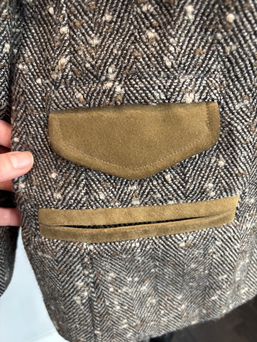 Alan Cherry Herringbone Tweed Blazer Suede Trim Wool Jacket Size 46 - Picture 6 of 15